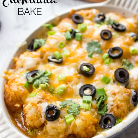 Tater Tot Enchilada Bake | Gimme Delicious Holiday Breakfast Casserole, Tater Tot Recipes, Enchilada Bake, Tot Casserole, Brunch Time, Enchilada Casserole, Tater Tots, Breakfast Recipes Casserole, Mexican Dishes