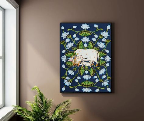 Narayan Painting, Painting Of Cow, Mirror Canvas Art, Wall Art Work, Lotus Wall Art, Pichwai Art, Pichwai Painting, Mirror Canvas, Pichwai Paintings