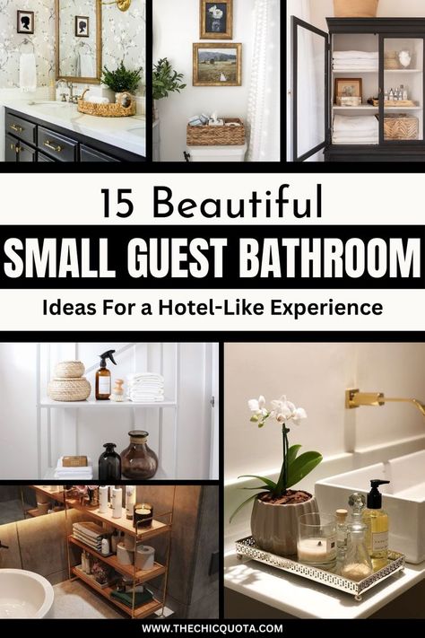 Blog post about 15 small guest bathroom ideas. Click to read more! Guest Bathroom Ideas Hosting, Hosting Ideas House Guests, Decorating Guest Bathroom, Guest Restroom Decor Ideas, Guest Room Bathroom Ideas, Bathroom Staging Ideas To Sell, Guest Restroom Ideas, Bathroom Set Up Ideas, Small Guest Bathrooms