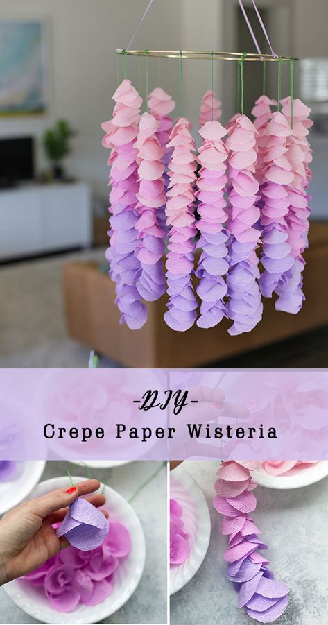 Crepe Paper Wisteria, Paper Wisteria, Crepe Paper Decorations, Crepe Paper Crafts, Paper Decorations Diy, Snowflake Cutouts, How To Make Crepe, Paper Decoration, Diy Budget