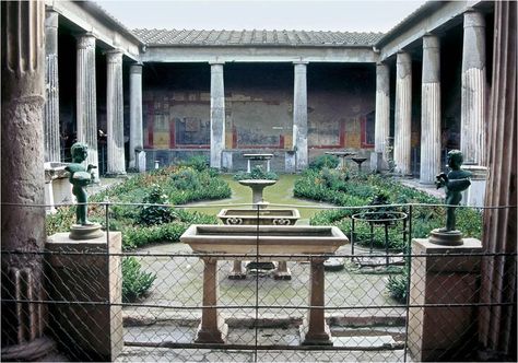 The domus' peristyle, a columned porch or open colonnade in a building surrounding a court that may contain an internal garden. Ancient Pompeii, Mt Vesuvius, Roman Garden, Roman House, Pompeii Italy, Roman Villa, Mount Vesuvius, Pompeii And Herculaneum, Roman City