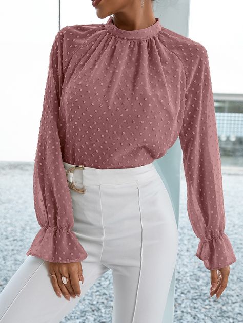 Dusty Pink Blouse, Swiss Dot Blouse, White Trousers, Plain Tops, Chiffon Long Sleeve, Mauve Pink, Flounce Sleeve, Swiss Dot, Small Waist