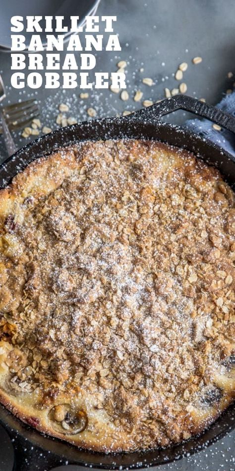 This simple banana bread cobbler is melt in your mouth amazing!    This dessert is baked in a skillet and is studded with cinnamon chips.  It is comforting and blissful! #banana #bananabread #skillet #dessert #sweets #castironcooking #cobbler via @Lemonsforlulu Skillet Dessert, Simple Banana Bread, Party Food Dessert, Iron Skillet Recipes, Cinnamon Chips, Banana Dessert, Iron Recipes, Cast Iron Recipes, Skillet Recipes