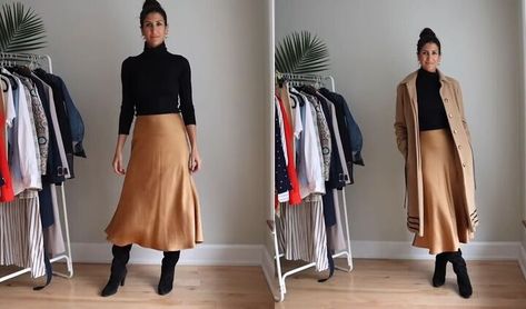 Silk Slip Skirt Outfit, Slip Skirt Outfit Winter, Styling Satin Skirt, Silk Skirt And Sweater, Satin Skirt Outfit Winter, Satin Midi Skirt Outfits, Midi Skirt Outfit Winter, Slip Skirt Outfit, Silk Skirt Outfit