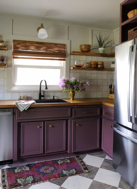 How To Paint Kitchen Cabinets | As Seen on Makeover by Monday - I SPY DIY Purple Kitchen Ideas, Purple Cabinets, Purple Kitchen, Kitchen Trends, Kitchen Paint, Painting Kitchen Cabinets, Kitchen Makeover, Trends 2022, Painting Cabinets