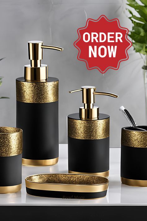 Handcrafted from Finely Sculpted Resin & Stainless Steel - Our 4 piece bathroom decor sets accessories are designed to add a uniquely modern traditional appeal and infuse effortless style into your space design.
Exceptional Quality & Style - Our Black & Gold Collection feature a ribbed texture with antique brass accents. Made with high-quality resin and rust-proof stainless steel, our collection is durable and long-lasting. The pump of the soap dispenser is sturdy and easy to use. The base of each piece includes rubber studs that prevent slipping and scratching while keeping your counter dry.
Dimensions - Soap Dispenser 3.0"Dia x 7.55"H, Toothbrush Holder 3.0"Dia x 4.45"H, Cotton Jar 3.35"Dia x 4.18H, Tray 11.75"L x 4.96"W x 1.04"H
~ THIS CONTAINING AFFILIATE LINK ~ Black Farmhouse Bathroom, 4 Piece Bathroom, Soap Dispenser Set, Black Farmhouse, Bathroom Decor Sets, Bathroom Soap Dispenser, Farmhouse Bathroom Decor, Bathroom Accessory Set, Brass Accents