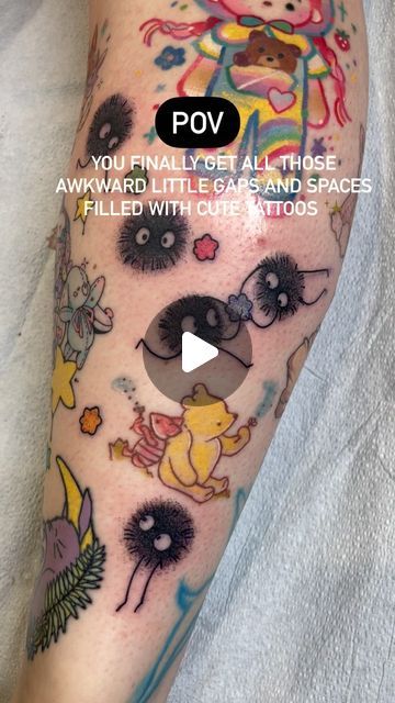 November Rush on Instagram: "Yet another cute gap filler tattoo project 🖤✨ hand drawn spot sprites! Flexible and simple ideas like these work so well to unify and finish sleeves, and can fit into those tight and awkward places 🖤✨ Gap filler tattoos are a great way to make your tattoo collection feel like a finished, cohesive piece! 🖤✨ BOOKS OPEN 📖✍️ so hit me up with your tattoo projects and ideas! Thank you so much for the trust 🖤 #montrealtattoo #montrealtattooing #ghiblivibes #ghiblitattoo #ghiblitattoos #gapfillertattoo #gapfillers #cutetattoo #tattooideas #tattooist #montrealtattooshop #montrealtattooartist #canadiantattooartist #animetattoo #animetattoos" Filler Tattoo Ideas Gap Women Sleeve, Background Filler Tattoo, Small Gap Filler Tattoo, Gap Filler Tattoo Design, Filler Tattoo Designs, Gap Filler Tattoo, Filler Tattoos, Canadian Tattoo, Filler Tattoo