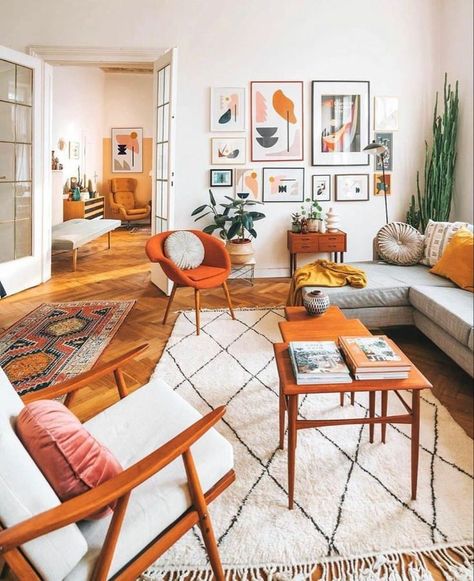 Mid Century Modern Interior Design, Home Decor Wallpaper, Decor Ideas Bedroom, Retro Living Rooms, Mid Century Modern Living Room, Eclectic Living Room, Decor Wallpaper, Retro Interior, Style Deco