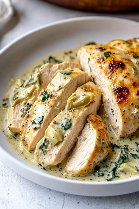 Chicken Artichoke Recipes, Creamy Spinach Artichoke Chicken, Spinach And Artichoke Chicken, Baked Artichoke, Spinach Artichoke Chicken, Party Dip, Artichoke Chicken, Artichoke Recipes, Cooking For A Crowd