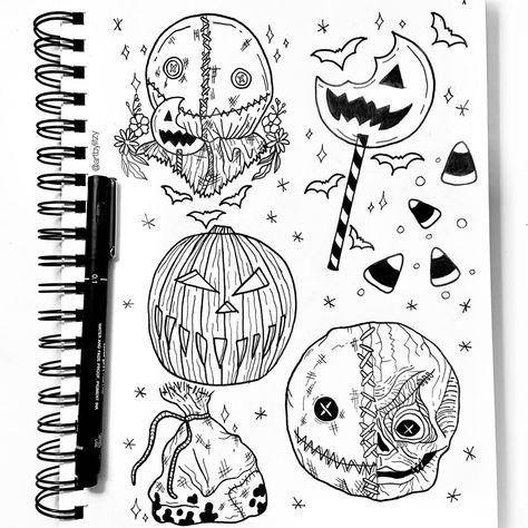 Trick R Treat Flash Tattoo, Trick Or Treat Tattoo Ideas, Trick R Treat Tattoo Ideas, Trick R Treat Tattoo Lollipop, Disney Horror Tattoos, Horror Movie Doodles, Trick R Treat Drawing, Sam Trick R Treat Drawing, Halloween Drawings Ideas Scary