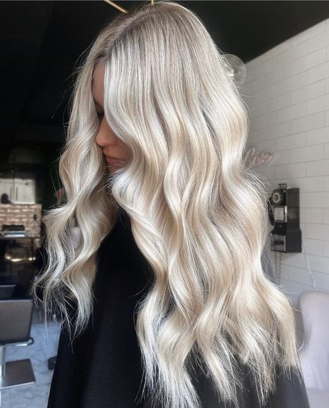 Full Highlight Platinum Blonde, Blonde Hair W Extensions, Creme Blonde Hair, Bright Creamy Blonde Hair, Blonde Full Foil, Full Head Of Blonde Highlights, Bright Dimensional Blonde, Buttery Blonde Hair, Long Barrel Curling Iron