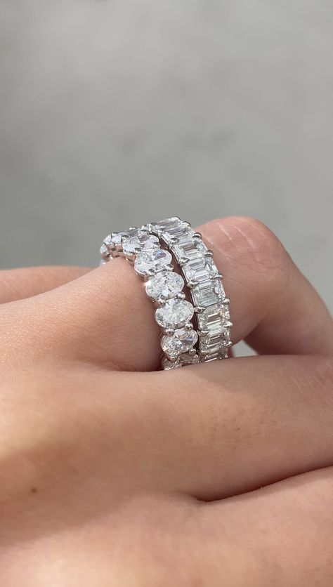 Platinum Wedding band stack!  Emerald Eternity Band with our Oval Eternity Band 🩶🩶 Diamond Eternity Bands For Women, Oval Eternity Band, Wedding Band Stack, Bonnie Jewelry, Eternity Band Stack, Emerald Eternity Band, Stacked Wedding Bands, Platinum Wedding Band, Round Solitaire