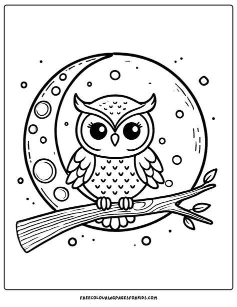 Unleash your child’s creativity with our free kids colouring printable featuring a majestic owl perched on a branch with a stunning crescent moon in the background. Owl Coloring, Unique Birds, Owl Species, Coloring Printables, Owl Designs, Family Coloring Pages, Free Kids Coloring Pages, Owl Coloring Pages, Detailed Coloring Pages