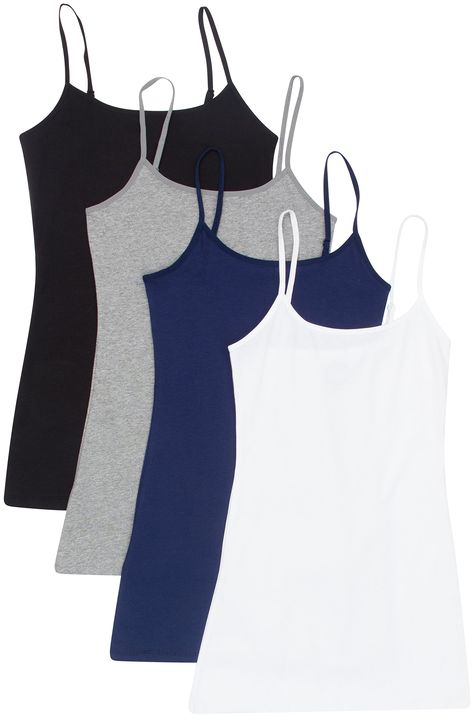 PRICES MAY VARY. 4 Pack Active Basic Camis Juniors and Plus Sizing Model wears small. Model measurements below Adjustable Straps Great layering piece Outfit Sets For Women, Layering Cami, Mesh Tops, Long Tank Tops, Bra Strap, Street Swag, Long Tank, Spaghetti Strap Tank Top, Tops Fashion