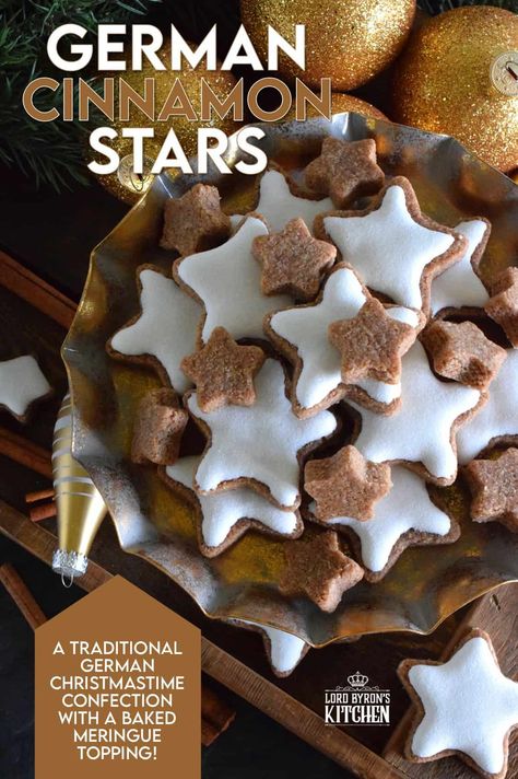 Ground almonds and cinnamon help to create the base of this traditional Christmas cookie. Meringue glazed German Cinnamon Stars are bound to be a new family favourite! It goes without saying that these cookies are simply stunning and surprisingly, they're so easy to make! #german #meringue #cinnamon #stars #christmas #holiday #baking #cookies Cookie Meringue, Christmas Meringue, Holiday Baking Cookies, Cinnamon Stars, Truffle Balls, Baked Meringue, Traditional Christmas Cookies, German Cookies, Dessert Cookies