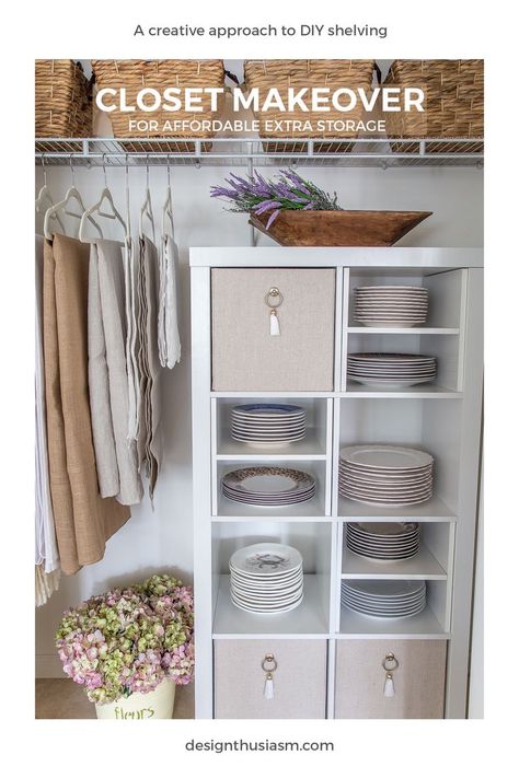 Closet Makeover | Do you have dishes that don’t fit in your cabinets? This closet design makeover offers a creative approach to DIY closet shelving for extra plate storage. -----> #designthusiasm #closetshelving #platestorage #closetdesign #closetmakeover #closetstorage #homeorganization #storageideas Sanctuary Home Decor, Sanctuary Home, Clever Closet, Cube Storage Shelves, Plate Storage, Linen Closet Organization, Cube Organizer, Closet Shelves, Closet Makeover