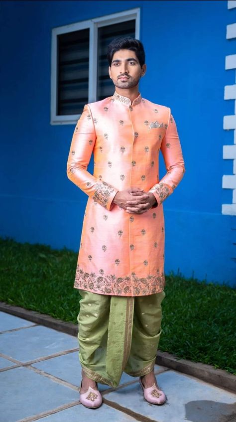 Pellikoduku Function Outfit For Men, Dhoti With Kurta For Men, Pellikoduku Outfits For Men, Dhothi Function For Boys Decoration, Dhoti Function For Boys, Sharvani For Men Wedding, Dhoti Ceremony, Bridegroom Outfits, Dhoti For Men