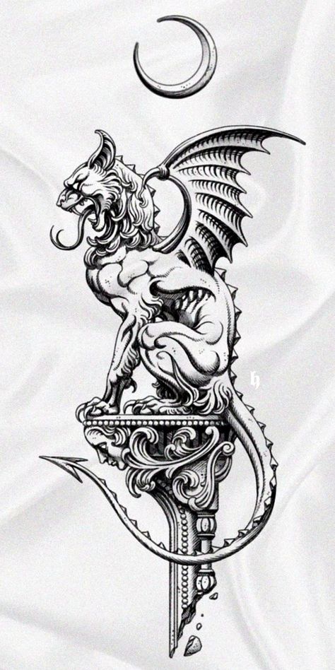 Gargoyle Tattoo, Medieval Tattoo, Engraving Tattoo, Mythology Tattoos, Gothic Tattoo, Dark Art Tattoo, Tattoo Portfolio, Tattoo Art Drawings, Dark Tattoo