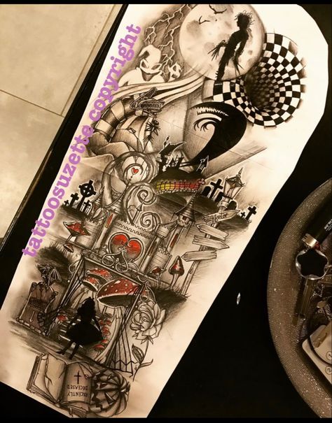 Tim Burton Sleeve Tattoo, Tim Burton Sleeve, Tim Burton Tattoo, Alice And Wonderland Tattoos, Disney Sleeve, Nightmare Before Christmas Tattoo, Tato Henna, Tim Burton Art, Wonderland Tattoo