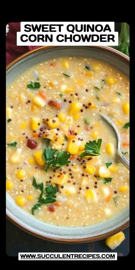 Make this One-Pot Quinoa Corn Chowder for an easy and delicious dinner! Featuring hearty quinoa, tender corn, and flavorful herbs, this chowder is a quick and comforting meal perfect for any night. Crockpot Recipes Quinoa, Vegetable Corn Chowder, Thanksgiving Quinoa Recipes, Ham And Quinoa Recipes, Quinoa Sides, Quinoa Dinner Recipes, Quinoa Stew, Best Quinoa Recipes, Quinoa Recipes Dinner