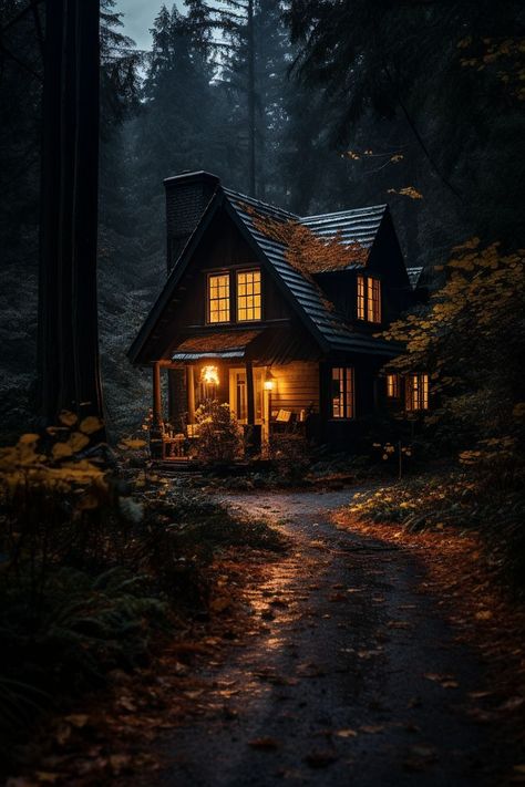 fall aesthetic Cabin In The Woods Mountain, Dark Cabin Interior Aesthetic, Cabin In Forest Aesthetic, Secluded House Aesthetic, Cabin In Woods Aesthetic, Cabin In The Woods Aesthetic Dark, Fall Cabin Aesthetic, Fall House Aesthetic, House In The Woods Aesthetic