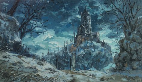 ArtStation - Painted World of Ariandel, Nikolay Lobzov Dark Souls Painting, Painting Medieval, Wallpaper Painting, Castle Illustration, Hd Wallpapers For Pc, Medieval Paintings, Praise The Sun, Dark Souls 3, Painting Snow