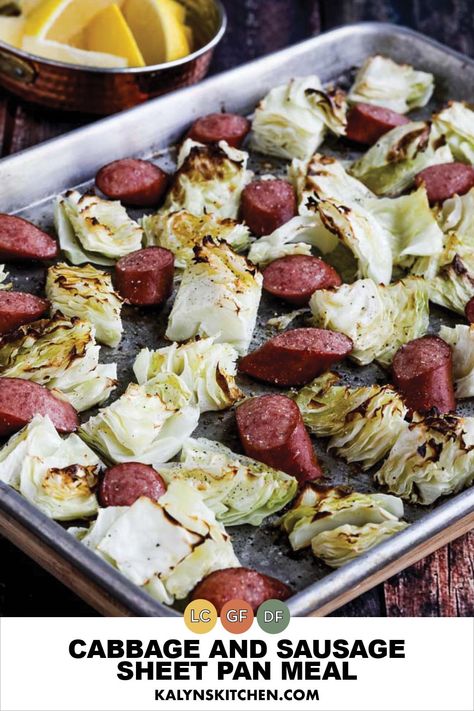 "Pinterest Image of Cabbage and Sausage Sheet Pan Meal showing sheet pan meal on baking sheet with lemon slices on cutting board." Lemon Cabbage, Sausage Sheet Pan Meal, Sausage Sheet Pan, Sausage And Cabbage, Keto Pork, Cabbage And Sausage, Low Glycemic Diet, Roasted Cabbage, Pan Dinners