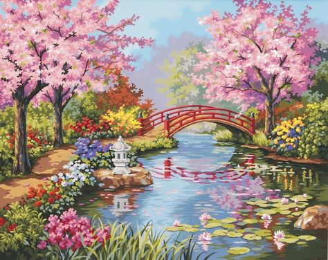 flower garden paintings | Love Your Place: Peaceful Japanese Gardens Garden Drawing, Free Digital Scrapbooking, Pola Sulam, Garden Painting, Paint By Number Kits, Zen Garden, Water Lilies, Japanese Garden, Walkway