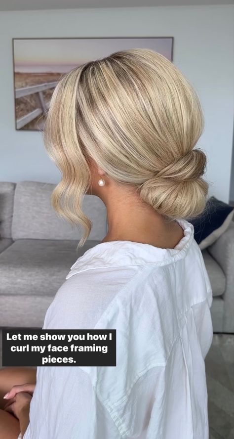 Low Bun Bride Hair Front View, Classy Wedding Hair Half Up, Wedding Hair With Hairpiece, Bridal Hair Strapless Dress Hairstyles, Hair Styles For Strapless Wedding Dress, Low Bun Curtain Bangs, Blonde Wedding Hairstyles, Wedding Hair Low Bun, Short Hair Curled