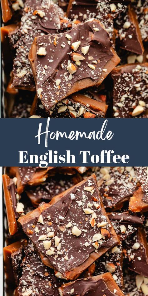 This homemade toffee recipe makes rich, buttery toffee with almost no work! This easy English toffee recipe makes tasty toffee with just 4 simple ingredients. Homemade Toffee Candy, Homemade Toffee Recipe, Christmas Toffee, English Toffee Recipe, Homemade Toffee, Toffee Candy, Toffee Recipe, Candy Recipes Homemade, Christmas Candy Recipes