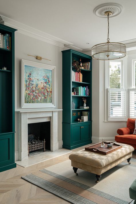 Victorian Living Room Bookshelves, Living Room Joinery, Bookshelves Fireplace, Edwardian Living Room, Alcove Bookshelves, House Refurbishment, Fireplace Styling, Bay Window Living Room, Victorian Terraced House