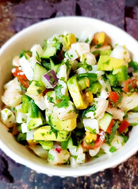 Shrimp Civeche, Conch Ceviche Recipe, Civeche Recipe, Conch Recipes, Conch Salad, Blue Corn Chips, Ceviche Recipe, Easy Appetizers, Island Food