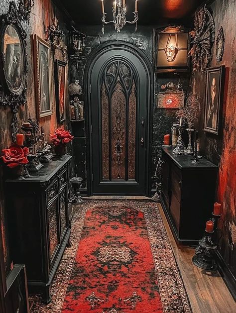 Gothic Foyer, Gothic Interior Design Victorian, Gothic Entryway, French Vampire, Witchy Dollhouse, Gothic Interior Design, Gothic Interior, Dollhouse Ideas, Goth Home