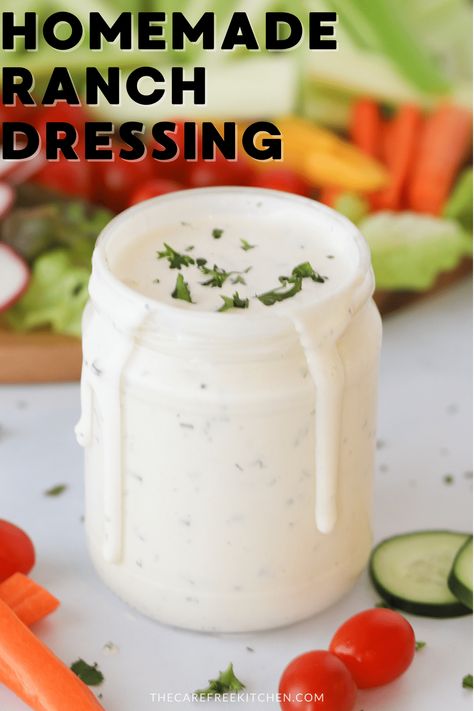 This Homemade Ranch Dressing is creamy, tangy, flavorful and so much better than the store-bought version. Loaded with buttermilk, mayonnaise and a simple spice mix, this simple recipe works great as a salad dressing, veggie dip or even drizzled over pizza or chicken. #thecarefreekitchen #dressing #salad #ranch #homemade #ranchmix Homemade Ranch Dressing With Packet, Home Made Ranch Dressing, Home Made Ranch, Best Homemade Ranch, Salad Ranch, Homemade Buttermilk Ranch Dressing, Homemade Buttermilk Ranch, Dressing Salad, Buttermilk Ranch Dressing