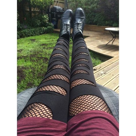 DIY Fishnet tights, underneath ripped black leggings Punk rocker emo... ❤ liked on Polyvore featuring intimates, hosiery, tights, accessories, pictures, ripped tights, gothic stockings, black hosiery, ripped stockings and disney Torn Leggings, Black Ripped Leggings, Indie Outfits Grunge, Punk Rock Hair, Battle Vest, Diy Ripped Jeans, Estilo Emo, Distressed Pants, Punk Pants