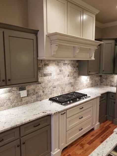 Gray And Brown Backsplash Kitchen, Grey And Ivory Kitchen, Tan Kitchen Tile Backsplash, Brown And Gray Backsplash, Tan And Gray Kitchen, White Gray And Brown House Interior, Gray And Tan Kitchen Ideas, Grey Stone Kitchen Backsplash, Gray And Brown Kitchen Ideas