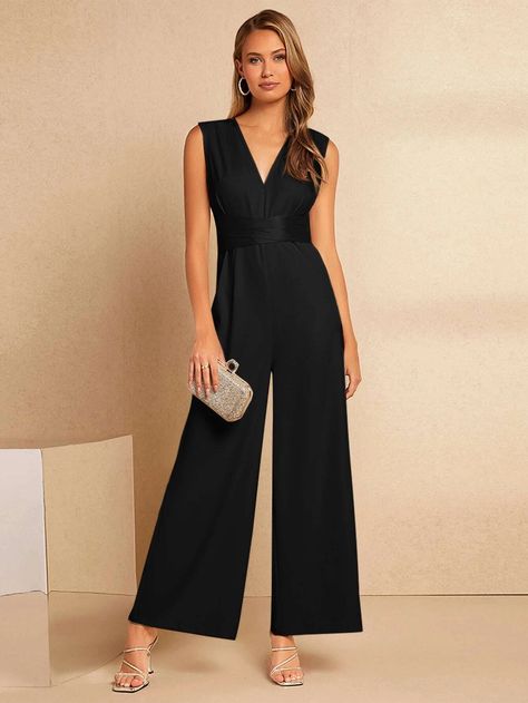 SHEIN Belle Tie Back Wide Leg Jumpsuit | SHEIN USA Comfy Jumpsuits, Jumpsuit Party, Spring Summer Dress, Sleeveless Jumpsuits, Wide Leg Jumpsuit, Black Jumpsuit, Ladies Party, Tie Back, Women's Fashion Dresses