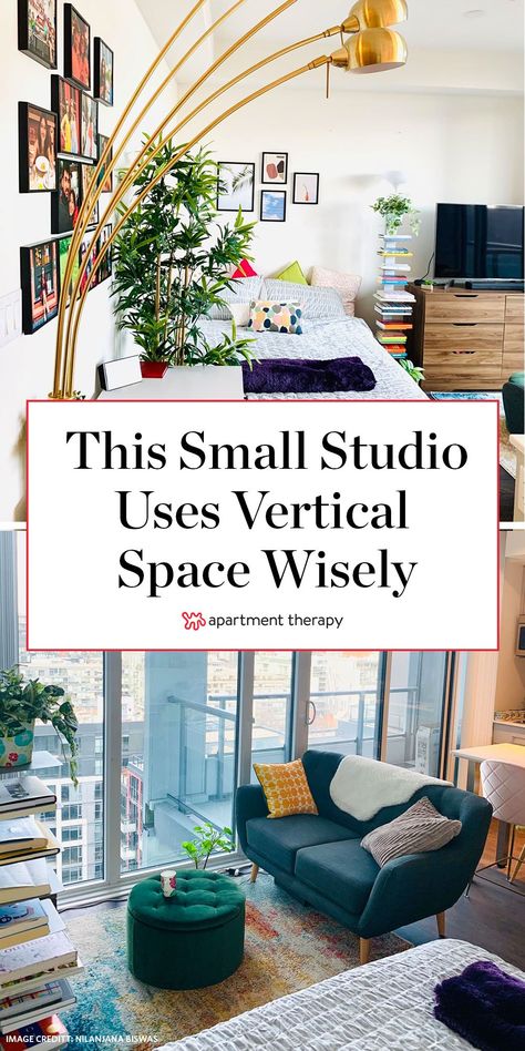 This small studio apartment uses vertical space wisely to maximize room. #studio #studiospaces #smallspaces #studioapartment #studioapartmentideas #apartmentideas #tinyhomes #walldecor #smallspacehacks Bohemian Studio Apartment, Tiny Apartment Storage, Studio Apartment Storage, Smart Storage Ideas, Cozy Studio Apartment, Tiny Studio Apartments, Studio Apartment Living, Apartment Storage, Decor Studio