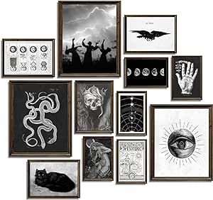 Gothic art print, creepy art print, art print, gothic decor, witches, witch, witch decor Black And White Monster Art, Disco Goth Decor, Cottagecore Goth Decor, All Black Living Room Decor, Boho Goth Living Room, Witch Decor Aesthetic, Witchy Living Room Decor, Witch Room Ideas, Witchy Furniture