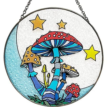 Window Wall Hanging, Moon Window, Glass Theme, Stained Glass Suncatcher, Mushroom Decor, Mushroom Art, Hand Painted Ornaments, Glass Panel, Window Wall