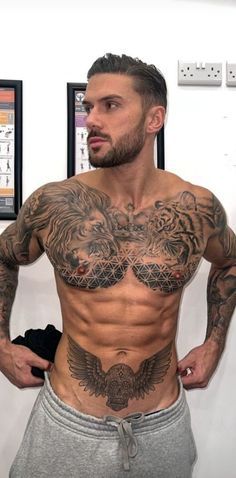 Animal Tattoo Chest Men, Mens Chest Piece Tattoo, Full Torso Tattoo Men, One Side Chest Tattoo Men, Cool Chest Tattoos Men, Tiger Tattoo Chest, Chest Tats Men, Men Stomach Tattoos, Full Chest Tattoo Men