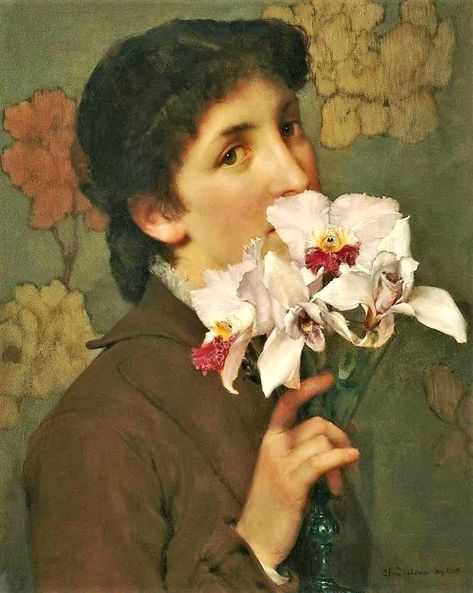 Girl Smelling Orchids by Sir Lawrence Alma-Tadema (1836-1912), oil on panel, 49.5 x 40 cm, Commissioned by Messrs Pilgeram & L.H. Lefevre, London on June 18th, 1879. Lawrence Alma Tadema, Pre Raphaelite Art, Pre Raphaelite, Classic Paintings, Victorian Art, Historical Art, Aesthetic Painting, Amazing Art Painting, Classical Art