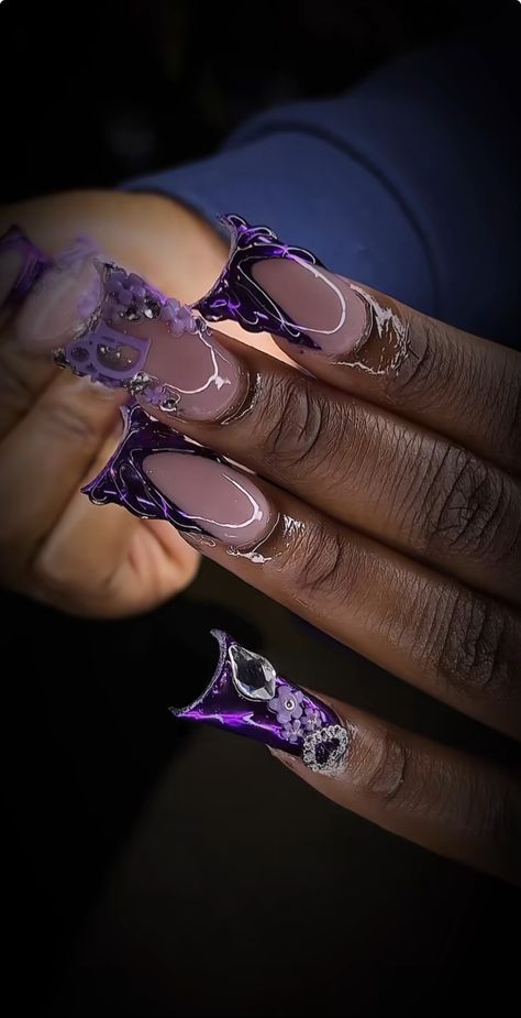 Medium Square Purple Nails, Dark Purple Birthday Nails, 21st Birthday Looks, Purple Y2k Nails, 2000s Birthday Party, Baddie Needs, Crazy Acrylic Nails, Sky Core, Raw Nails