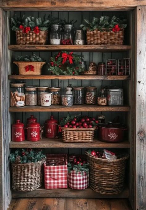 Christmas Pantry Decor, Christmas Pantry, Pantry Decor, Old Time Christmas, Rustic Christmas Decor, Rustic Ideas, Rustic Wooden Shelves, Christmas World, Christmas Collage