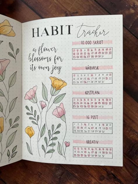 May Bullet Journal Ideas Layout, Floral Habit Tracker, Flower Habit Tracker, Flower Bullet Journal Theme, Bullet Journal Flowers, Bujo Page Ideas, Schedule Journal, May Bullet Journal, Bujo Weekly Spread