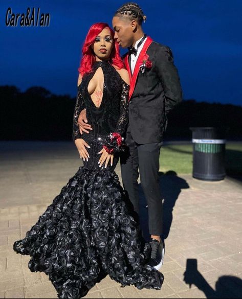 Black Prom Black Couple, Black And Red Prom Couple, Red And Black Prom Couples, Prom Couples Black People, Black Prom Dress Couple, Prom Black Couples, Prom Black People, Red Tux, Mermaid Flowers