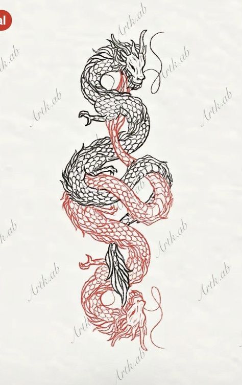 Dragon Tattoo On Leg For Men, Dragon Tattoo Black Red, Red And Black Dragon Tattoo For Women, Dragon And Rose Tattoo Design, Spiral Dragon Tattoo, Men Dragon Tattoo Back, 2 Dragons Tattoo Back, Red And Black Chinese Dragon Tattoo, Red Black Dragon Tattoo