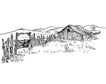 Barn with Fence 93J Beeswax Rubber Stamps Unmounted, Cling, Mounted Stamp Scenic, Landscape Stamping Drawing Environments, Desert Farm, Barn Drawing, Landscape Drawing Tutorial, Cowboy Artwork, Old School Ink, Western Artwork, Sky Art Painting, Realistic Pencil Drawings