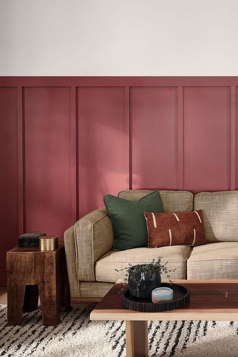 10 Tips To Design A Red Living Room Red Wainscoting, 70s Interior Design, Paint Accents, Painted Wainscoting, Conversation Pit, 70s Interior, Sunken Living Room, Mid Century Modern Living Room, Room Color