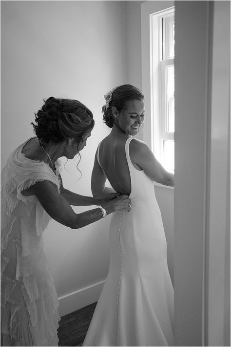 Mom Helping Bride With Dress, Wedding Getting Ready Pictures, Bride Dressing Room, Moodboard Photography, Coastal Backyard, Wedding Massachusetts, Summer Backyard Wedding, Getting Ready Pictures, Getting Ready Wedding Photos